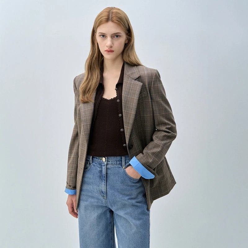 Wool Plaid V-Neck Blazer