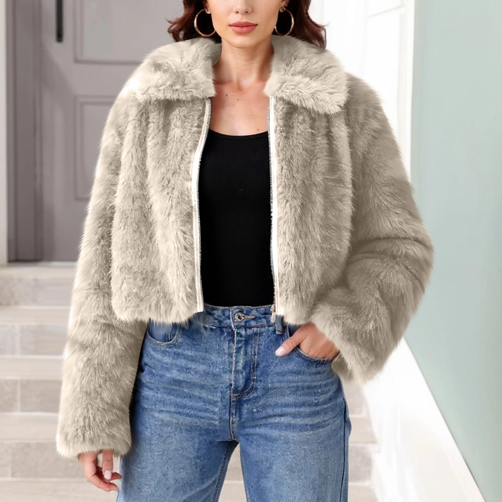Faux Fur Turn-Down Collar Coat
