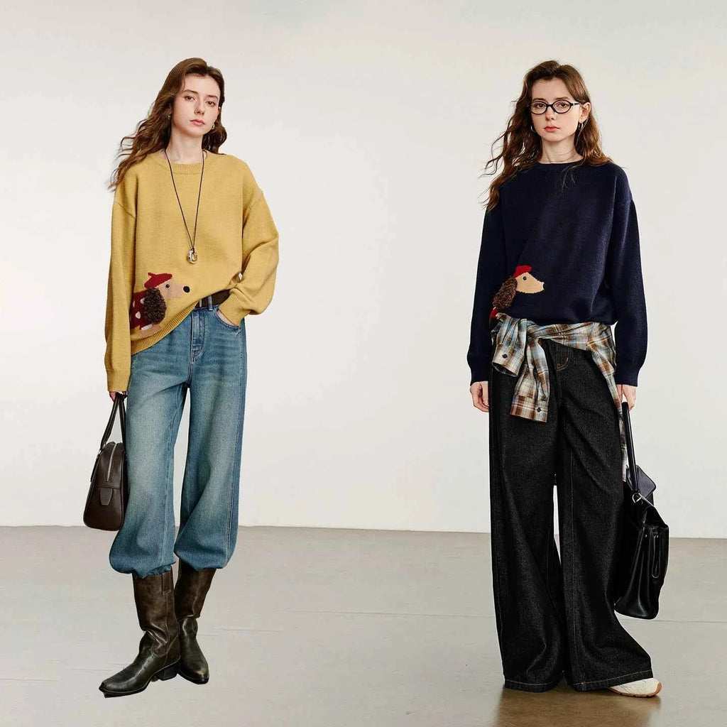 TOYOUTH Women Knitted Sweater 2025 Autumn New Cute Dog Pattern Round Neck Long Sleeve Knitted Pullover Tops Yellow