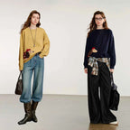 TOYOUTH Women Knitted Sweater 2025 Autumn New Cute Dog Pattern Round Neck Long Sleeve Knitted Pullover Tops Yellow