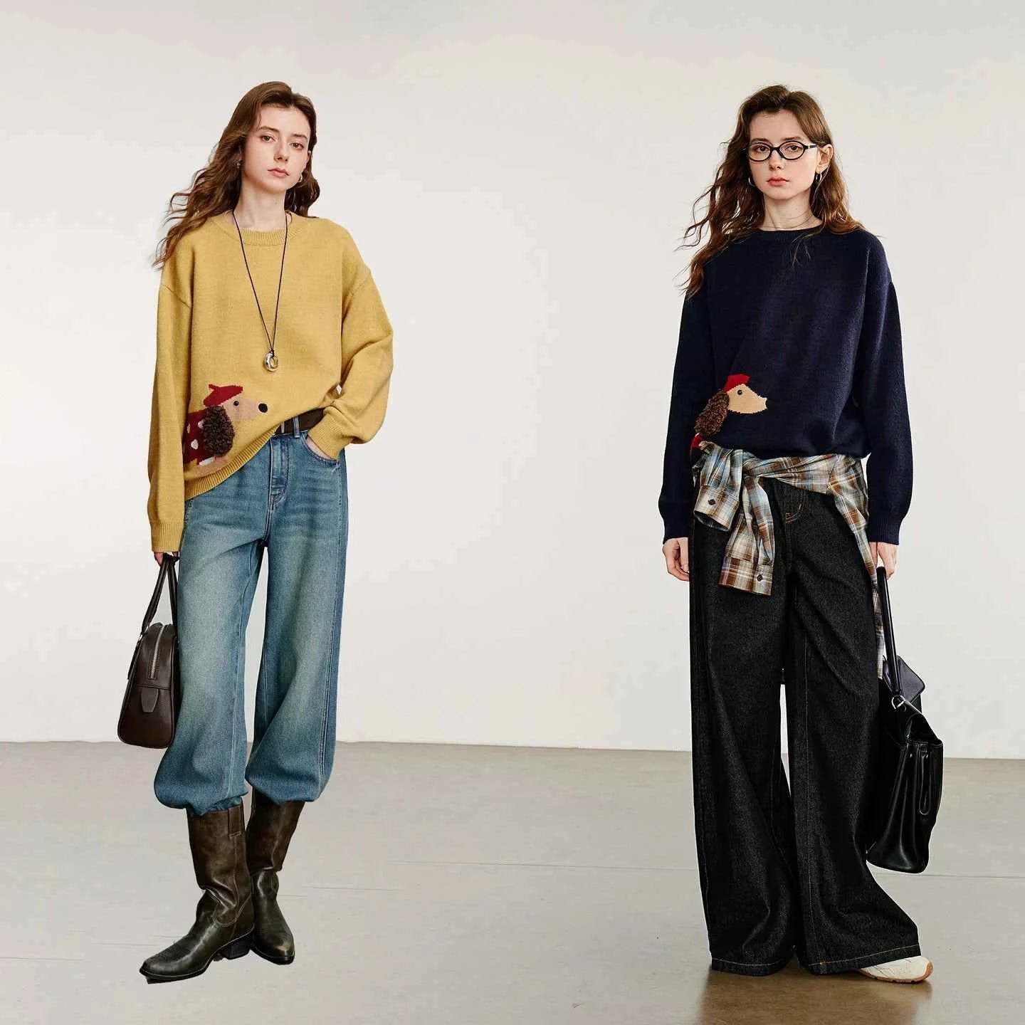 TOYOUTH Women Knitted Sweater 2025 Autumn New Cute Dog Pattern Round Neck Long Sleeve Knitted Pullover Tops Yellow