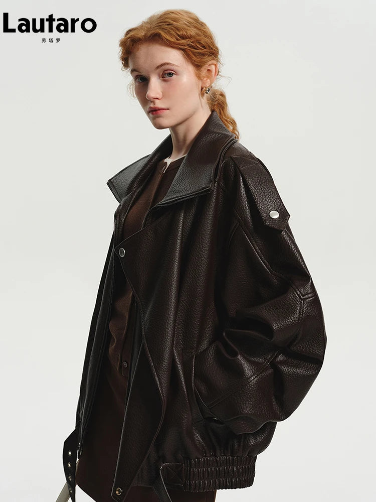 Oversized Brown PU Leather Jacket