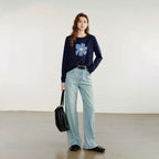 TOYOUTH Women Knitted Sweater 2025 Autumn New Flower Jacquard Color Contrast Long Sleeve Pullover Tops