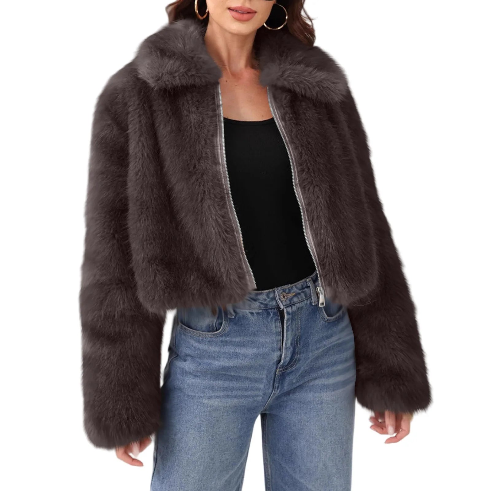 Faux Fur Turn-Down Collar Coat