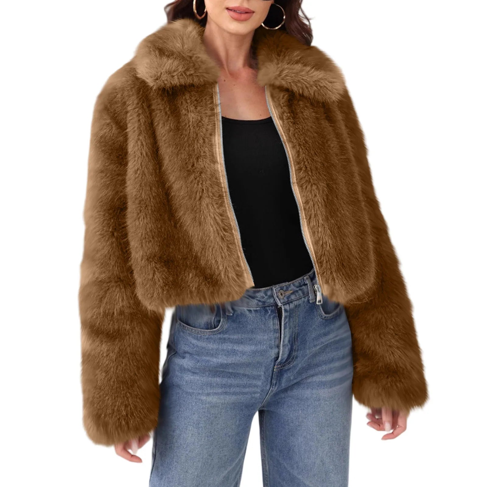 Faux Fur Turn-Down Collar Coat