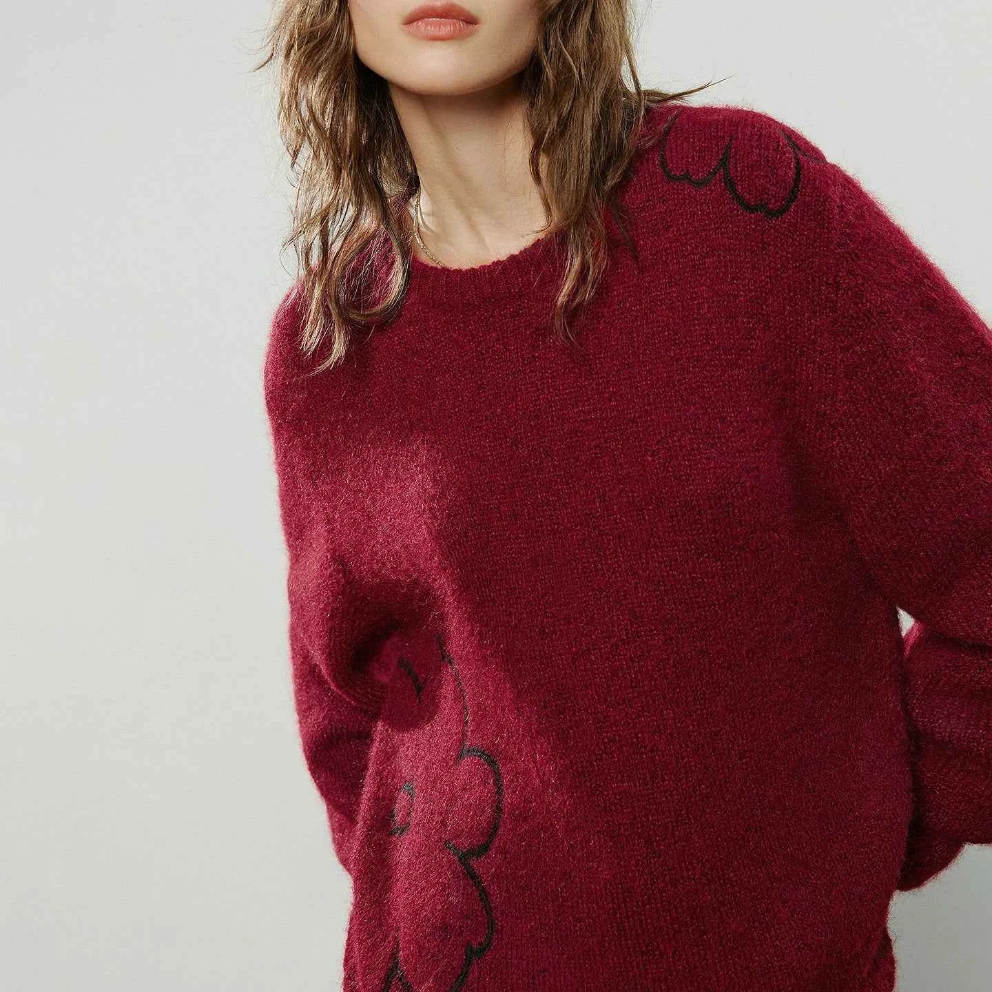 TOYOUTH Women Sweaters 2025 Winter New Crew-neck Loose Glutinous Rice Velvet Texture Flower Embroidery Lazy Atmosphere Tops