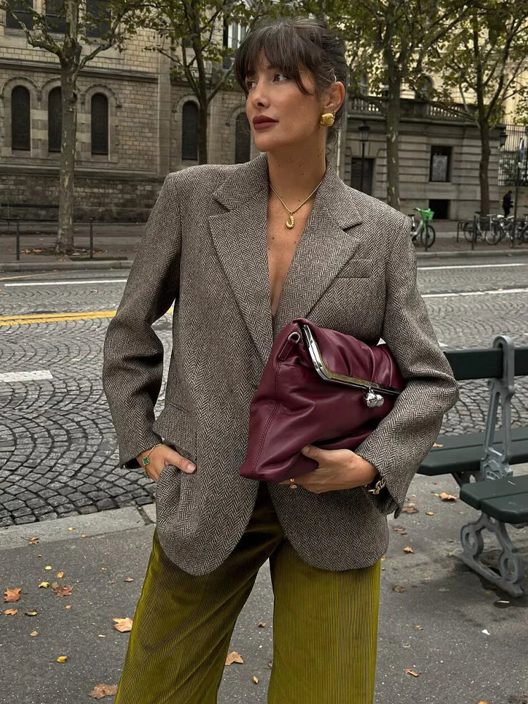 Herringbone Textured Turn-Down Collar Blazer