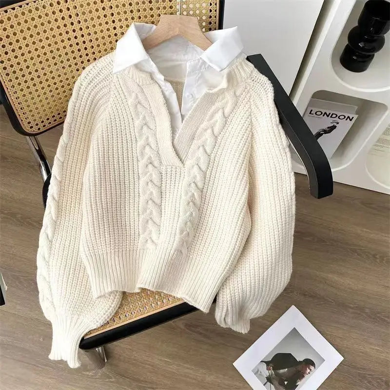 Women's Fake Two-Piece Knitted Hoodie
