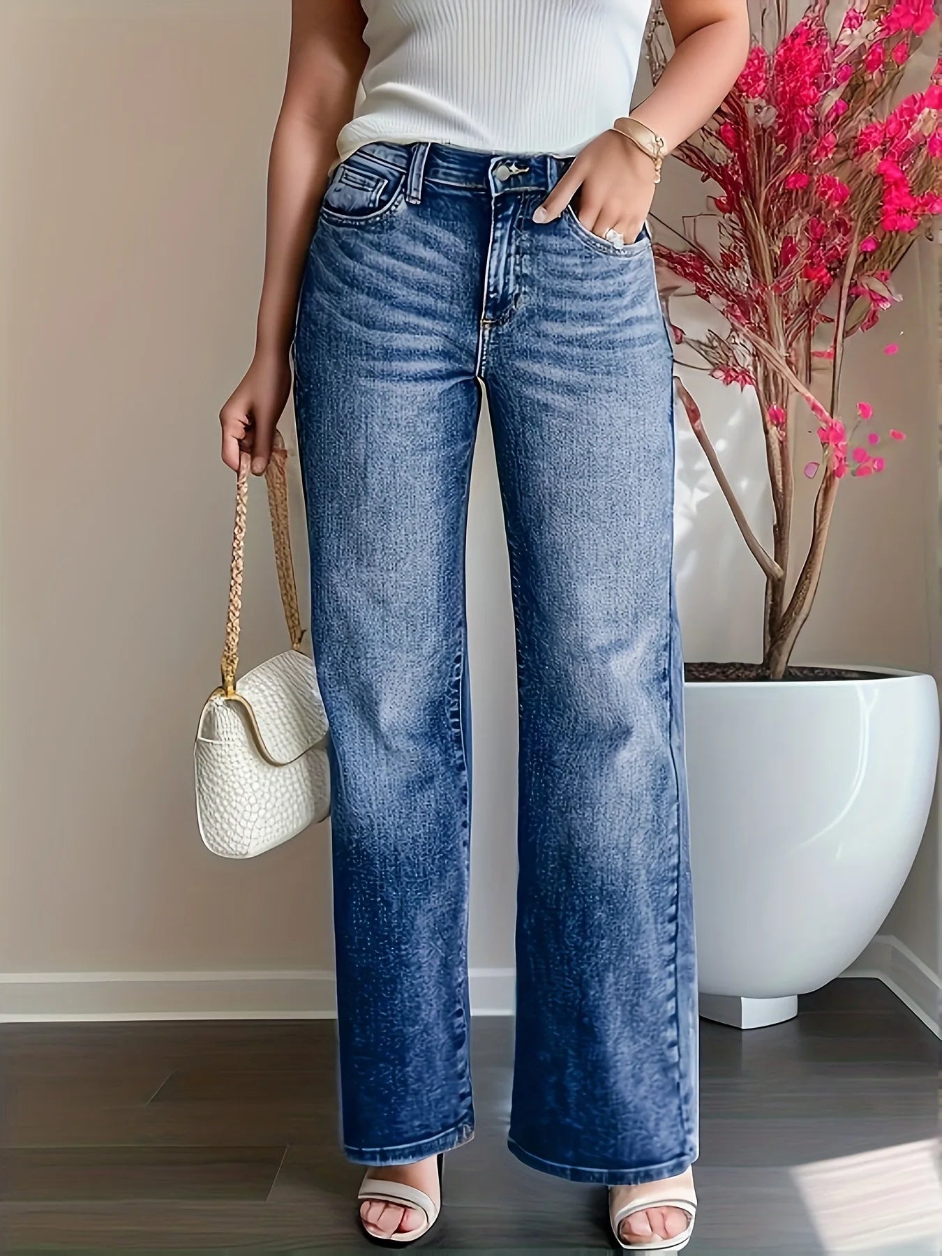 Elastic Waist Wide Leg Jeans