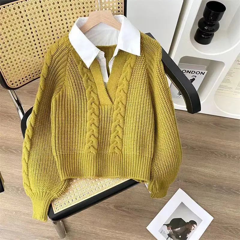 Women's Fake Two-Piece Knitted Hoodie