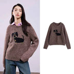 TOYOUTH Women Sweaters 2025 Autumn NewAsymmetric Retro Long-haired Knitted Jacquard Crew Neck Design Pullover Tops