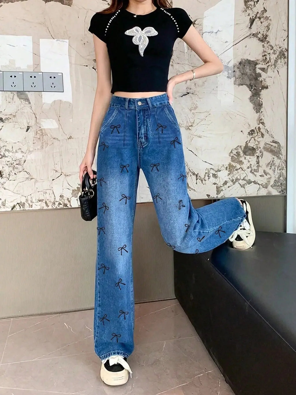 Butterfly Knot Print Straight Jeans