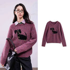 TOYOUTH Women Sweaters 2025 Autumn NewAsymmetric Retro Long-haired Knitted Jacquard Crew Neck Design Pullover Tops