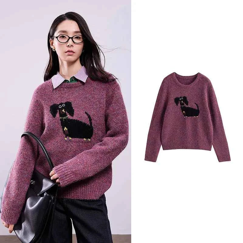 TOYOUTH Women Sweaters 2025 Autumn NewAsymmetric Retro Long-haired Knitted Jacquard Crew Neck Design Pullover Tops