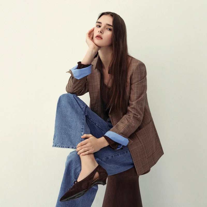 Wool Plaid V-Neck Blazer