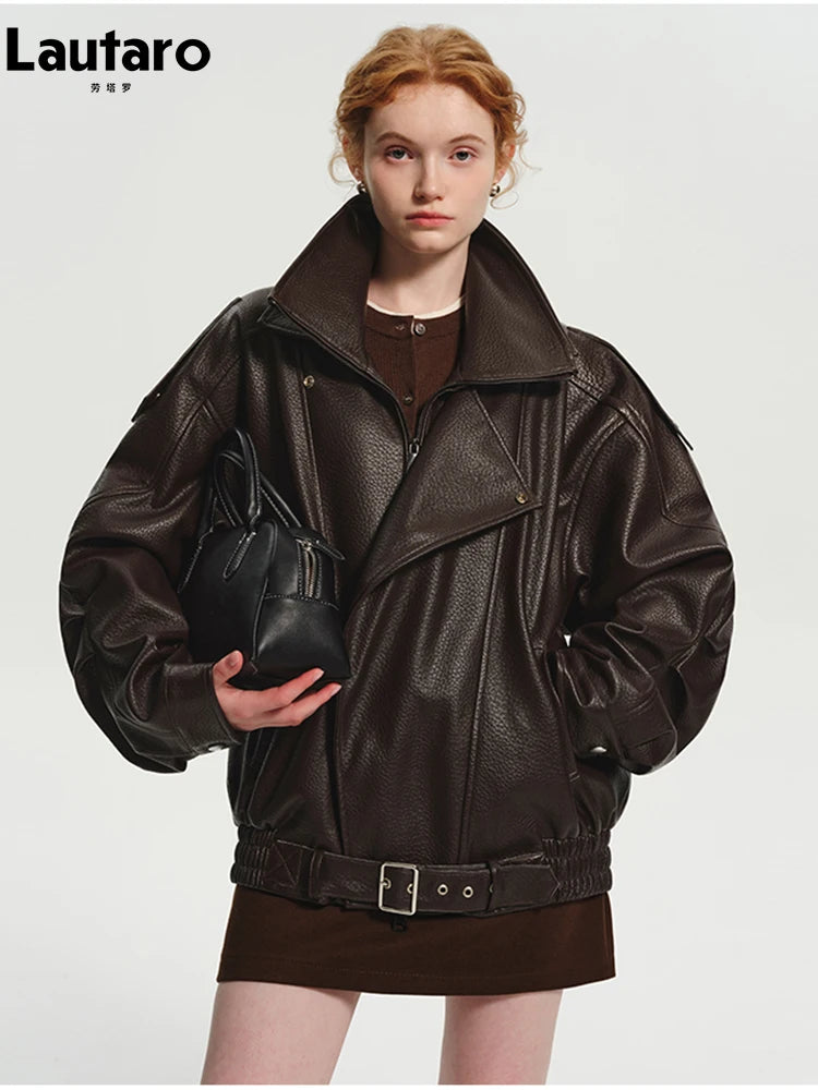 Oversized Brown PU Leather Jacket