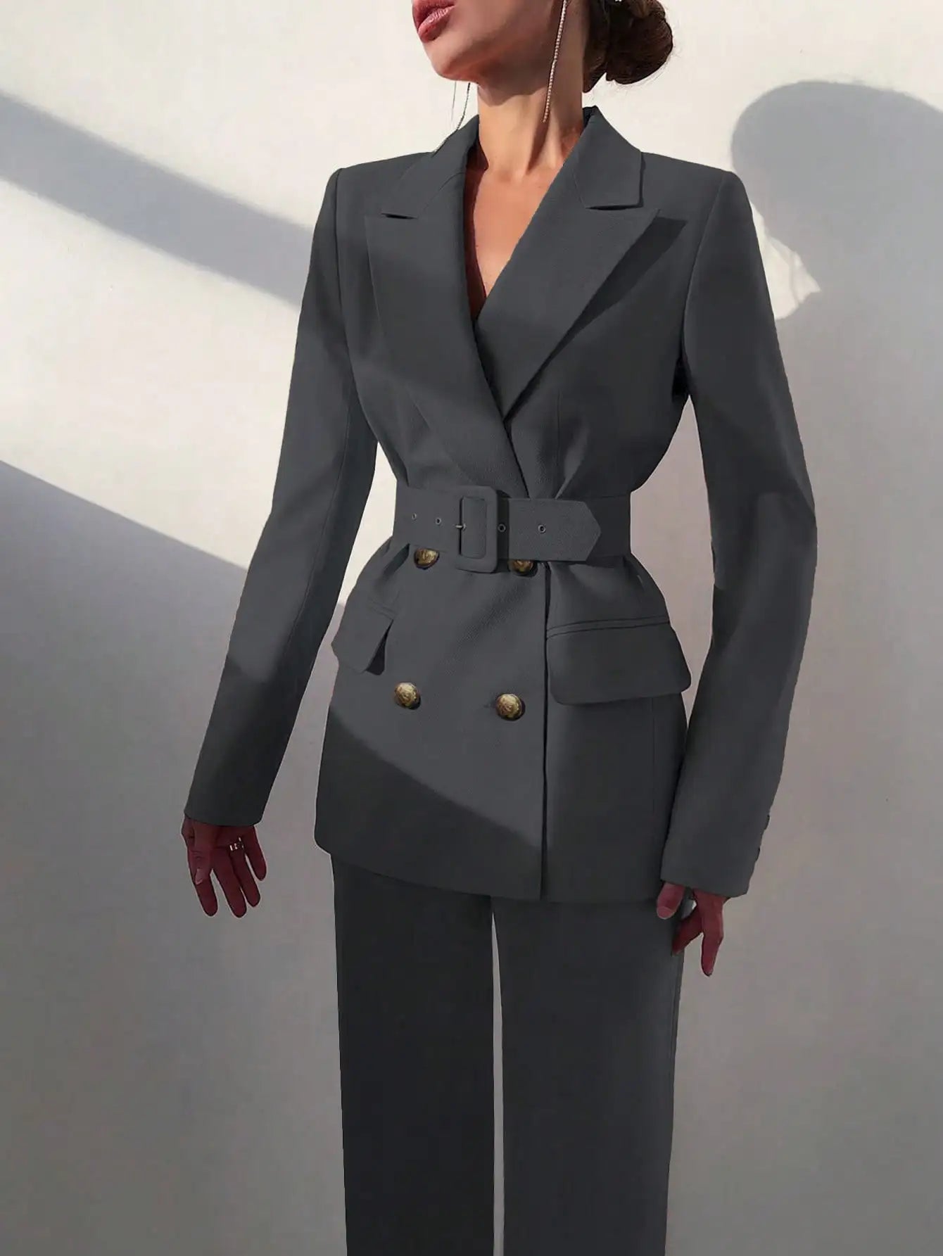 Belted Blazer Elastic Waist Set