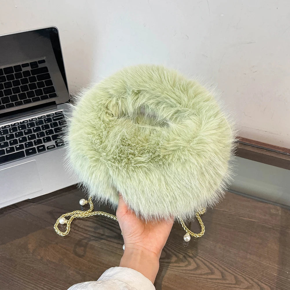 Pearl Accent Circular Fur Bag