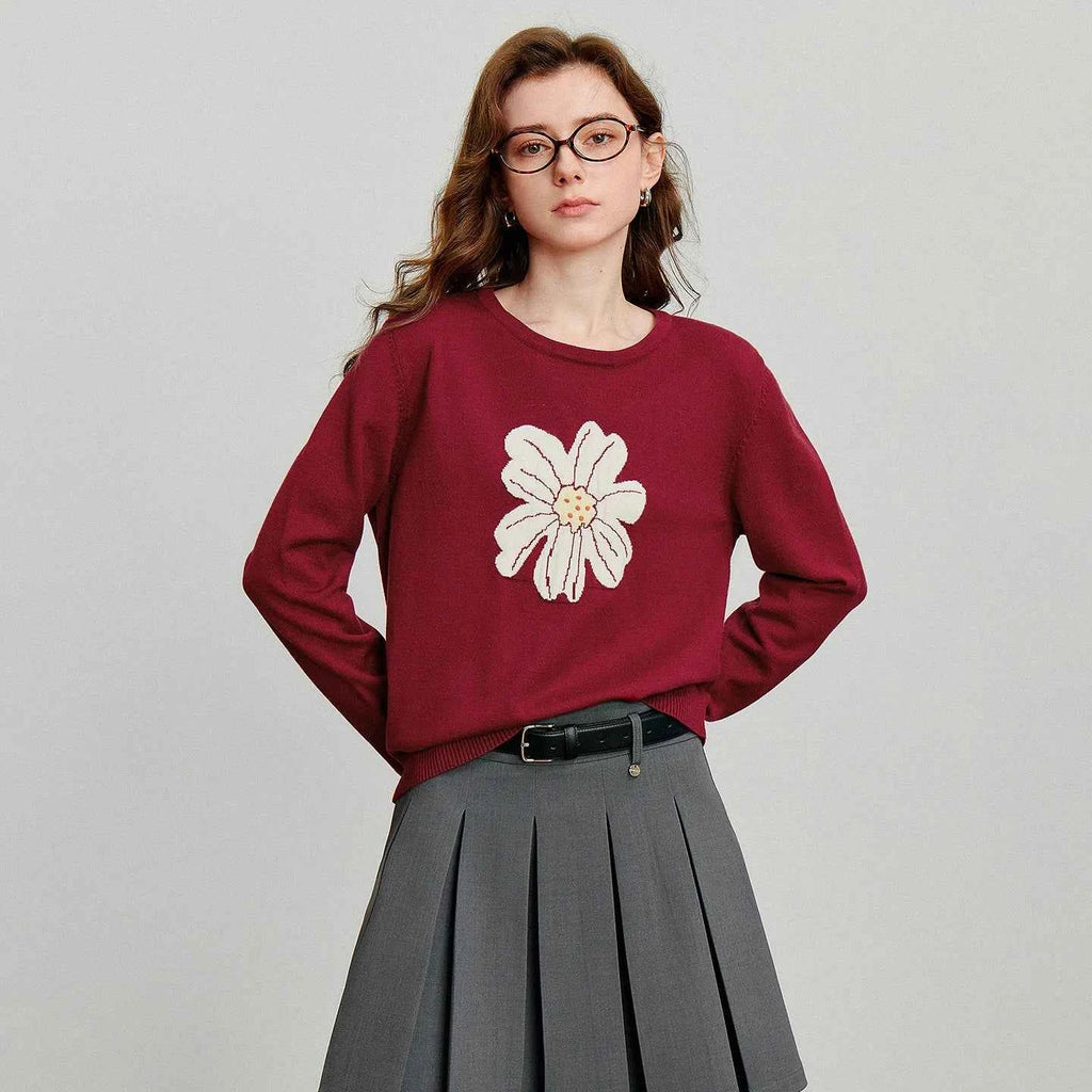 TOYOUTH Women Knitted Sweater 2025 Autumn New Flower Jacquard Color Contrast Long Sleeve Pullover Tops