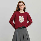 TOYOUTH Women Knitted Sweater 2025 Autumn New Flower Jacquard Color Contrast Long Sleeve Pullover Tops