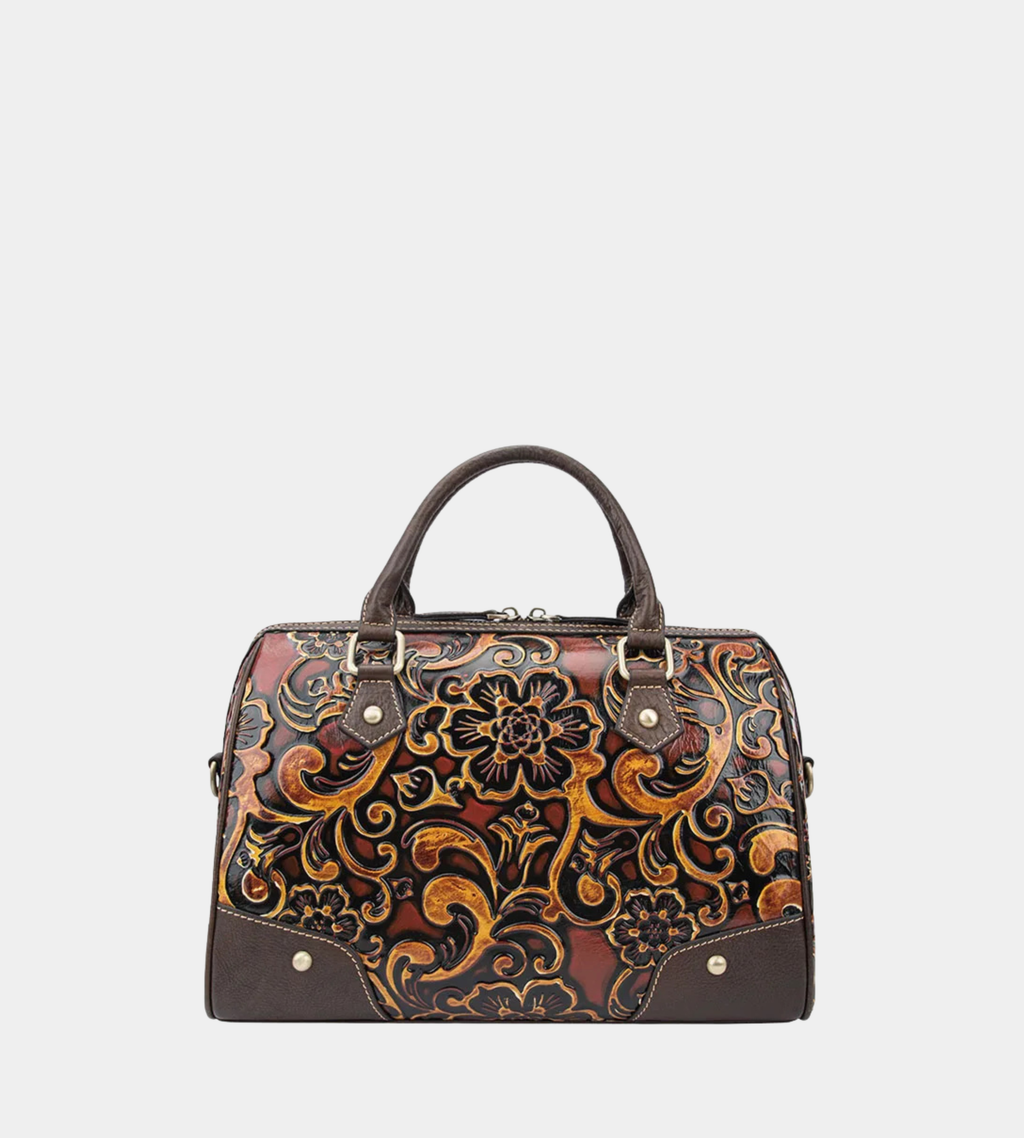 Genuine Leather Bag Embossed Floral Pillow Handbag