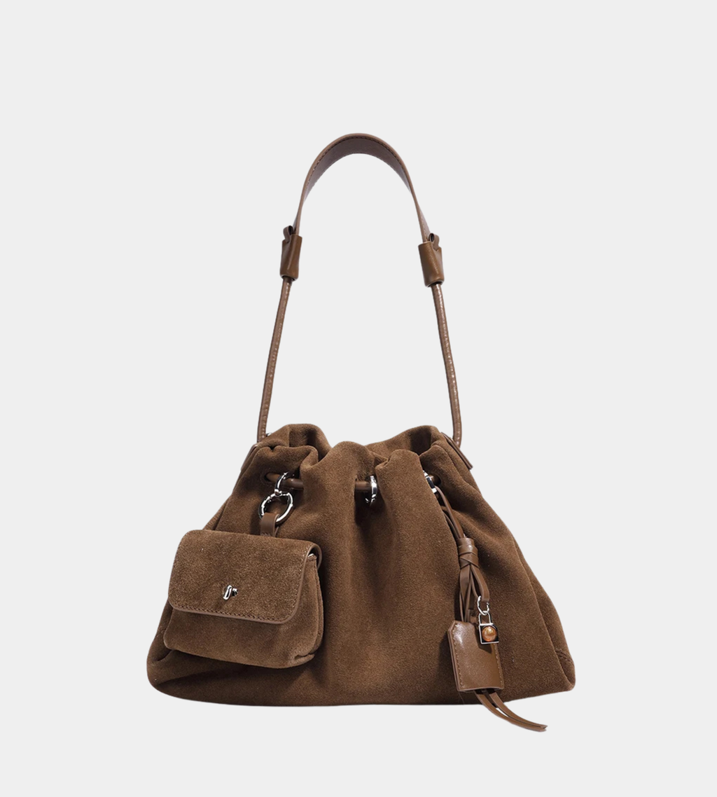 Genuine Leather Suede Drawstring Tote Shoulder Bag