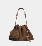 Genuine Leather Suede Drawstring Tote Shoulder Bag