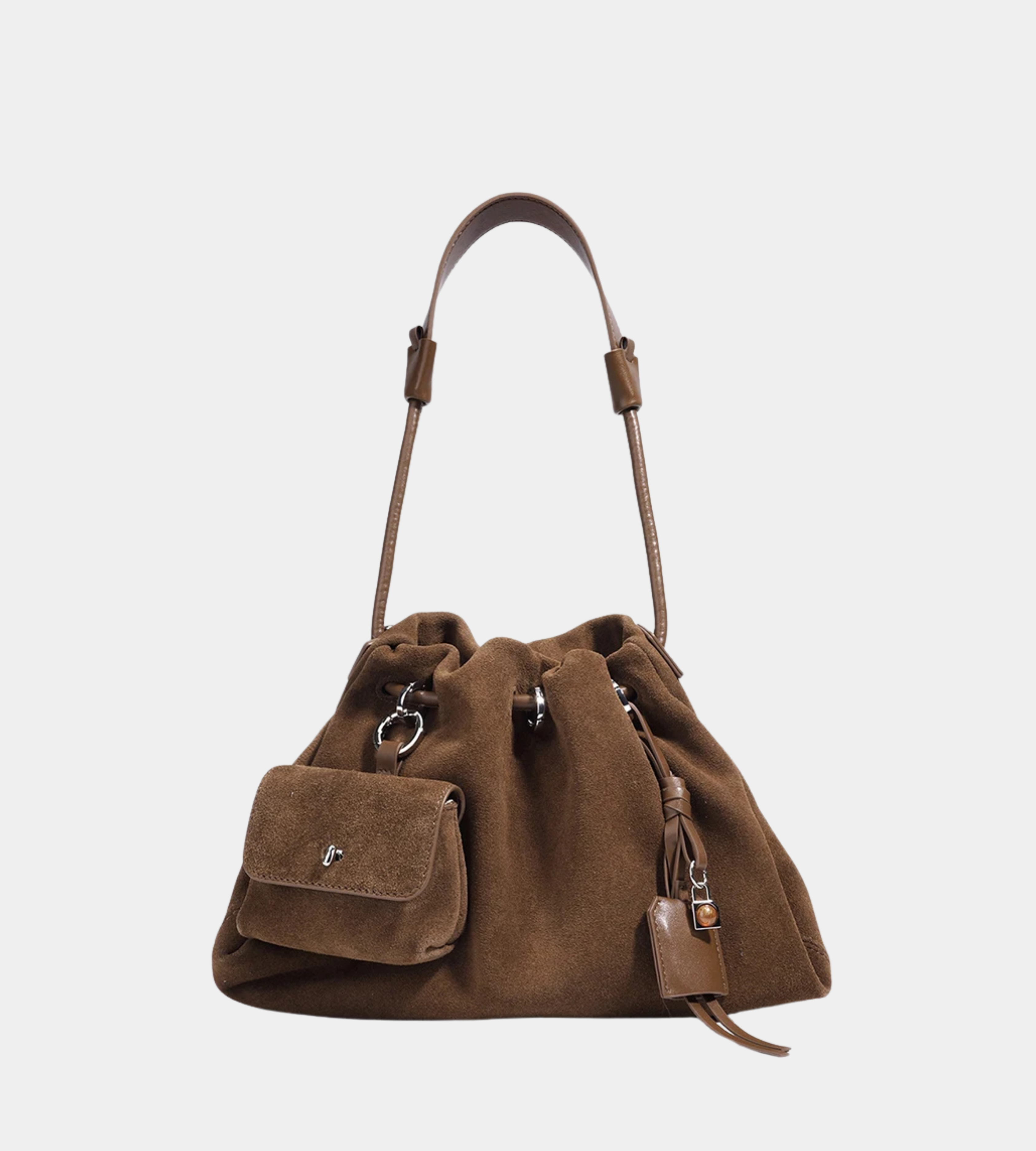 Genuine Leather Suede Drawstring Tote Shoulder Bag